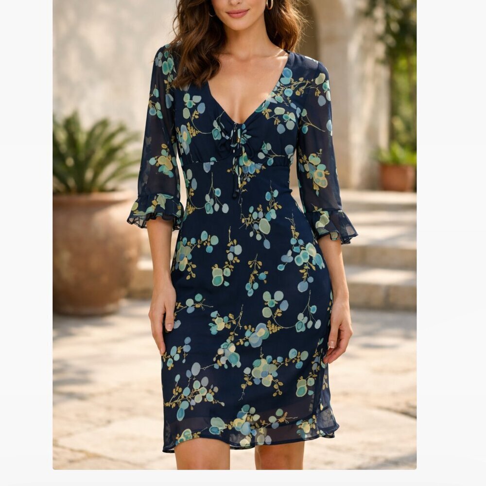 Heart Soul Floral Midi Dress Size S Blue Sheer Sleeve Boho